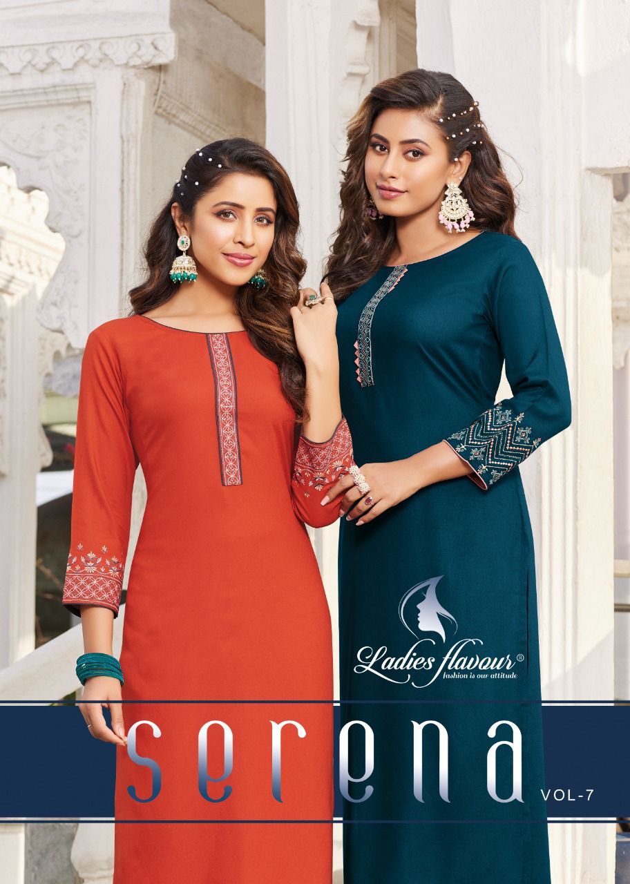 Ladies Flavour Serena 7 Rayon New Fancy Ethnic Wear Designer Kurtis Collection